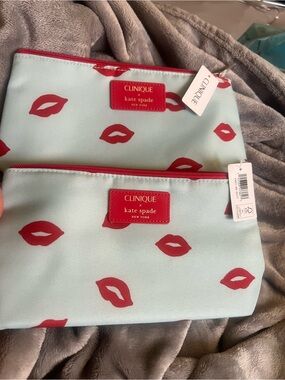 Kate Spade New York x Clinique 2 New Light Blue with Red Lips Cosmetic Bags
